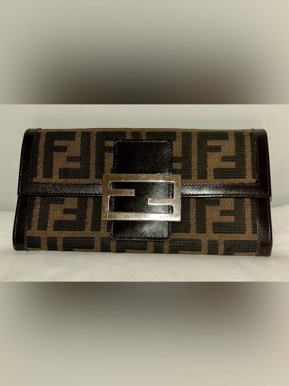 Fendi Brown and Black FF Logo Canvas Clutch with Silver F Buckle